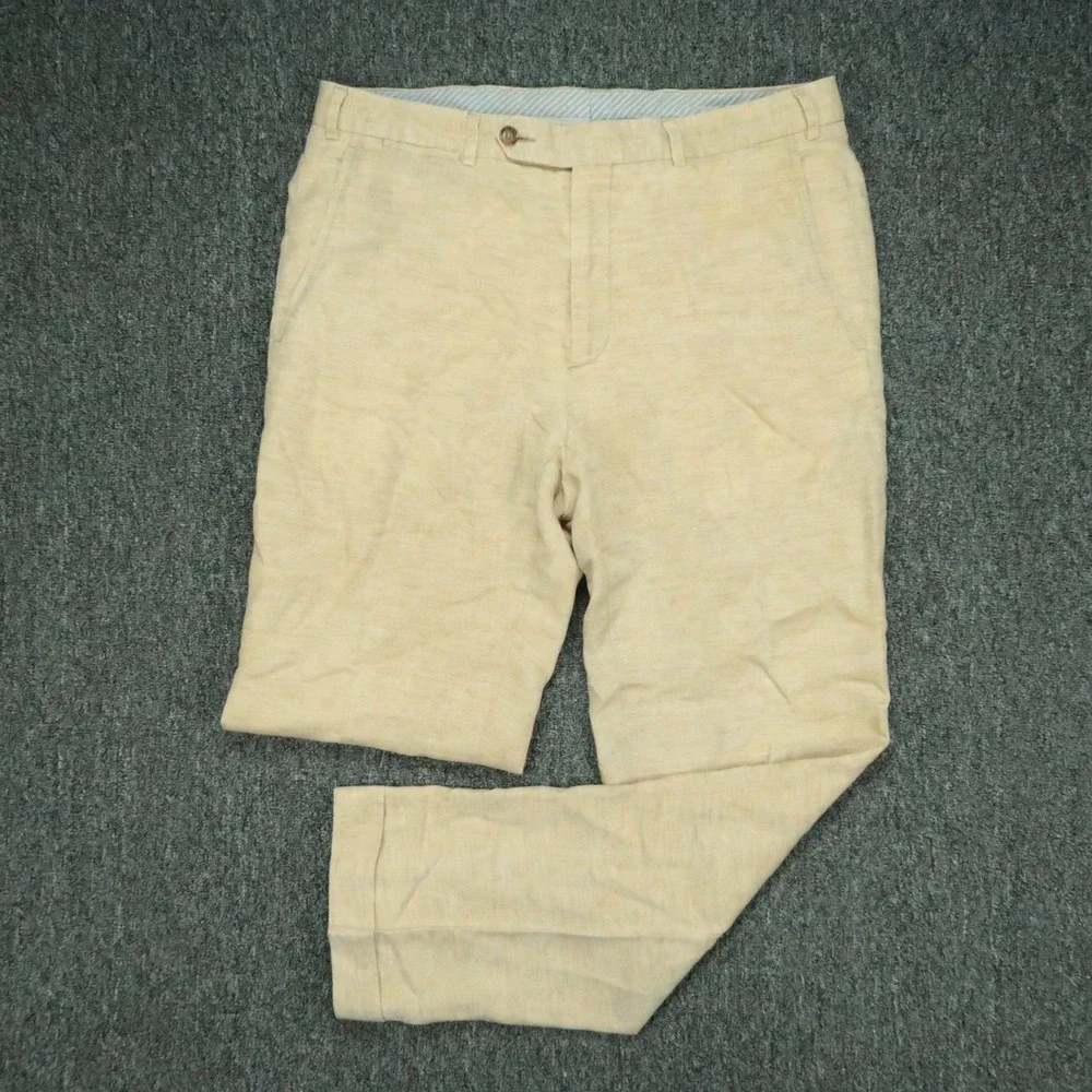 Zanella Pants Mens 34x30 Beige Tan Cinquanta 100% Linen Straight Trouser